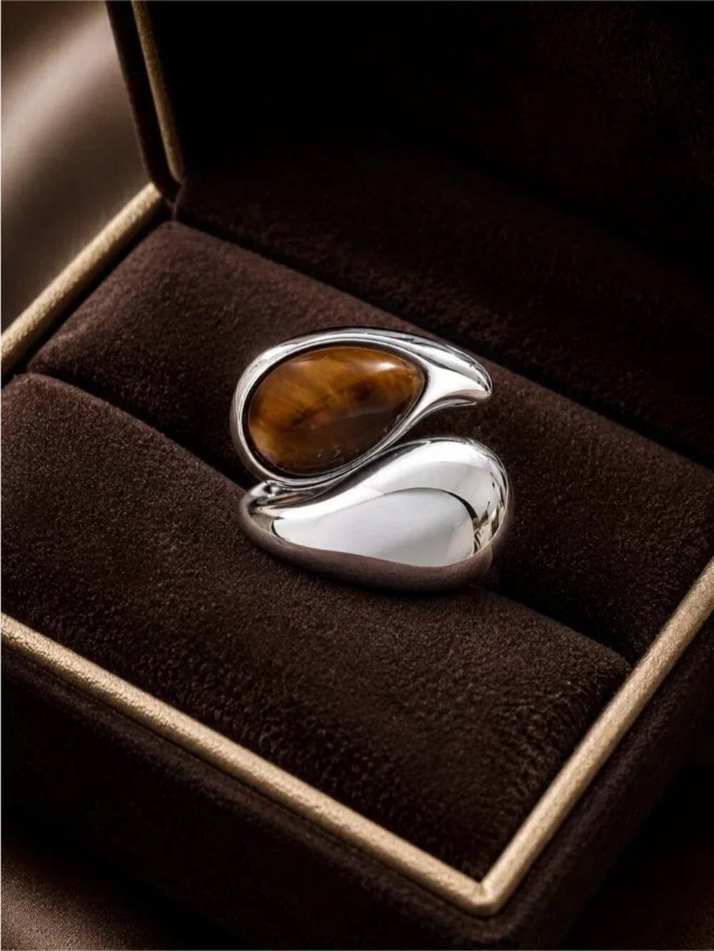 Silver tone Ring with Brown Teardrop Stone